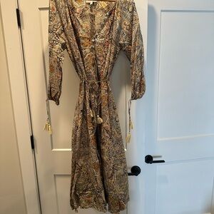 Cleobella Tan and Brown Maxi Dress V-Neck Bishop Sleeve